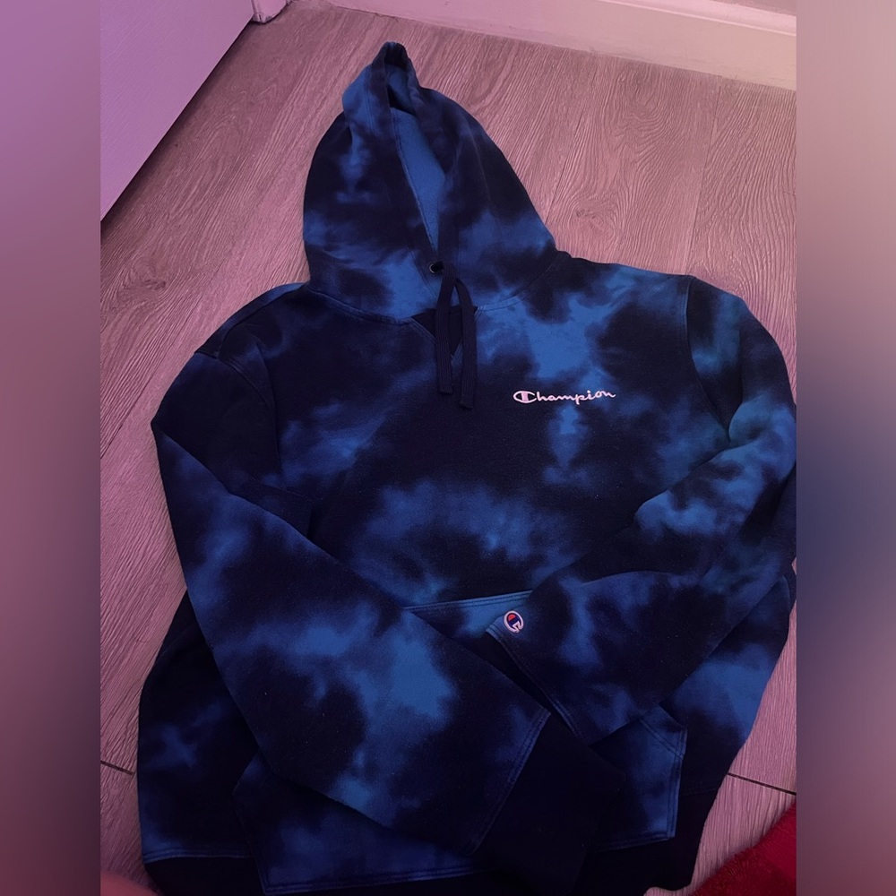 Blue and black tie dye champion hoodie medium
